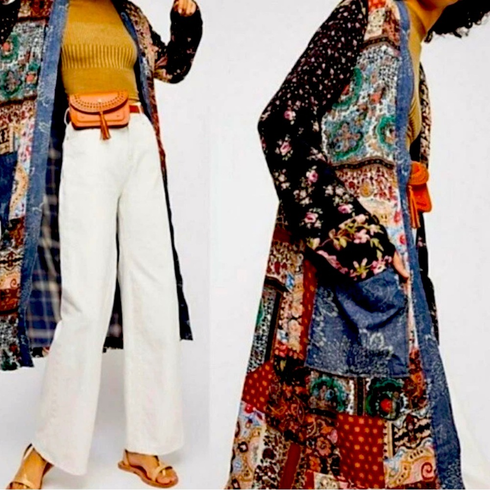 Free People Songbird Patchwork Kimono Longline Coat Denim Mixed Media Jacket XS